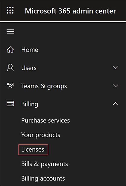 Microsoft 365 admin center met overzicht van billing en licenses voor beheer van toegewezen licenties