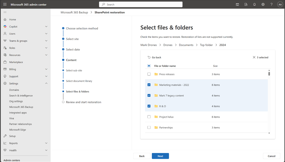 Microsoft 365 Backup scherm voor granular restore van bestanden en mappen