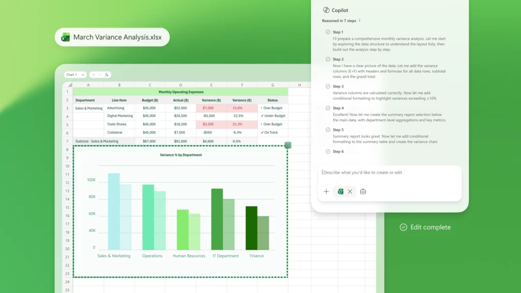 Microsoft 365 Copilot analyseert Excel-data met agentische stappen en visualisaties