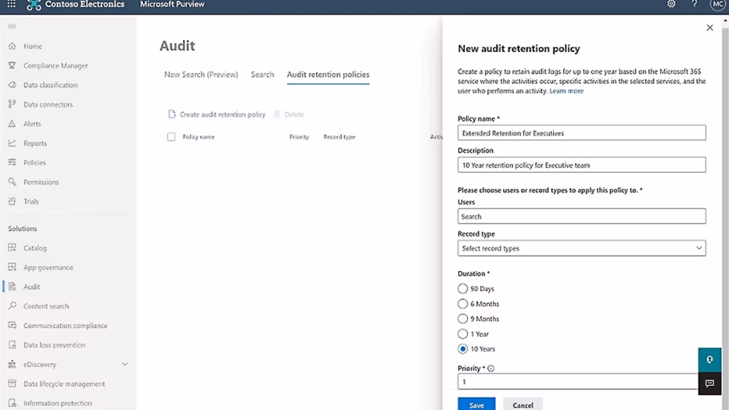 Microsoft Purview Audit scherm met audit retention policy instellingen