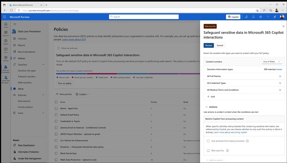 Microsoft Purview scherm voor DLP-beleid rond Microsoft 365 Copilot-interacties