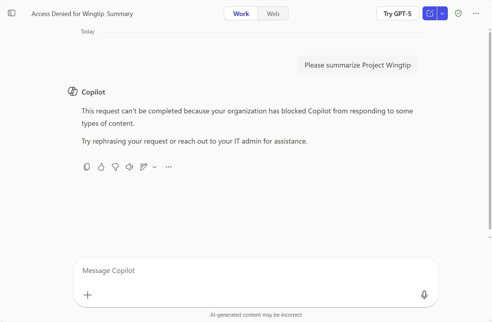 Microsoft 365 Copilot blokkeert een prompt met gevoelige informatie op basis van organisatiebeleid