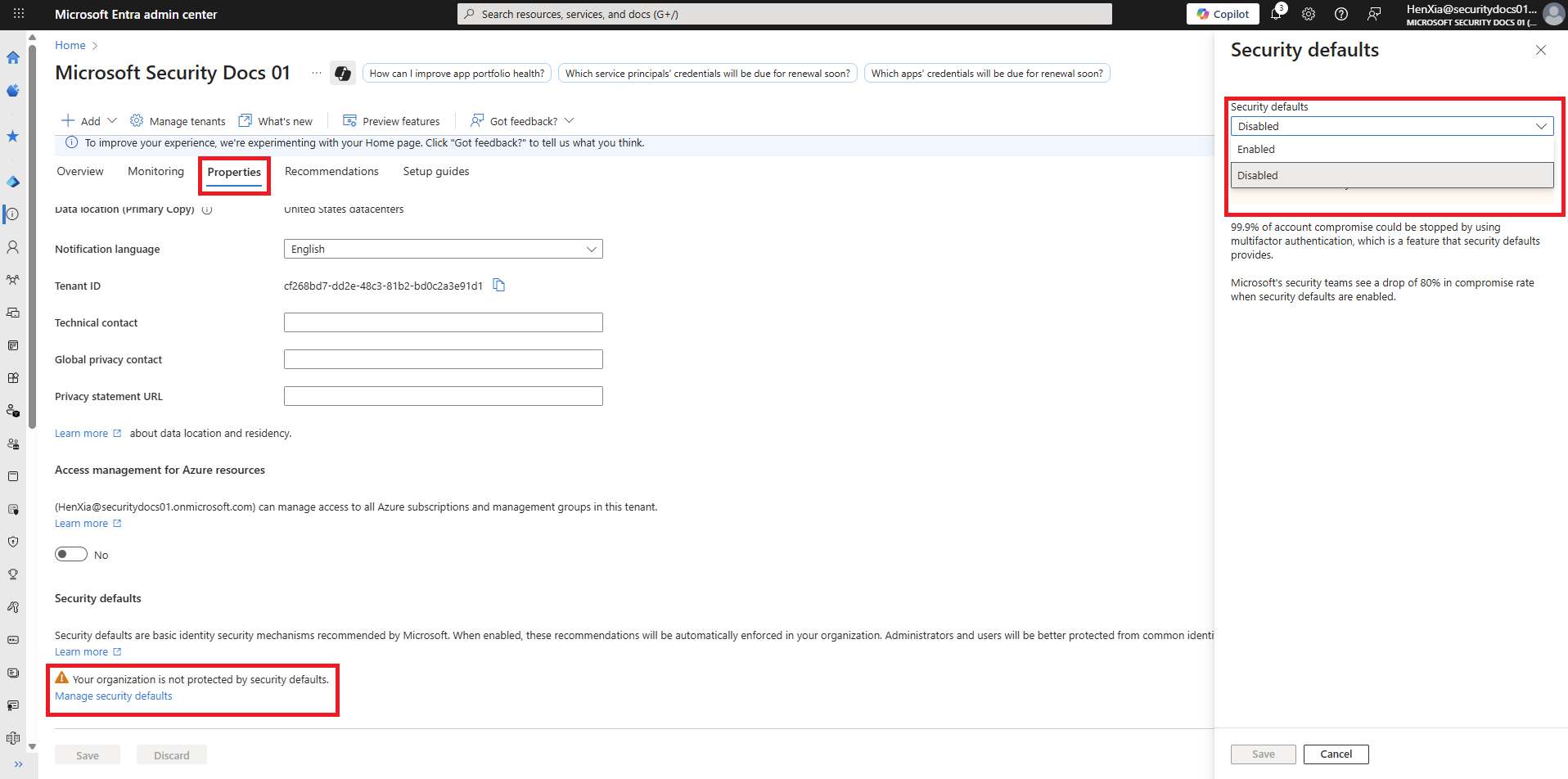 security defaults entra admin center