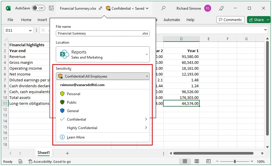 Voorbeeld van een sensitivity label in Excel