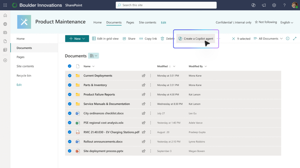 SharePoint-documentbibliotheek met optie om een Copilot-agent te maken